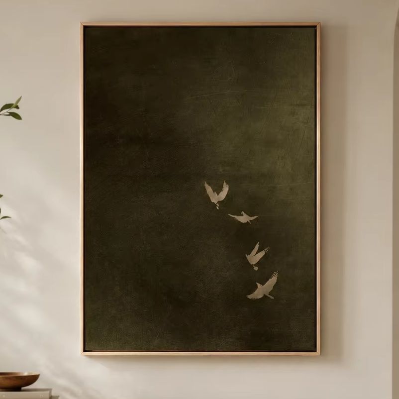 Home Decor Minimal - 올리브 그린 버드 캔버스 아트, 다크